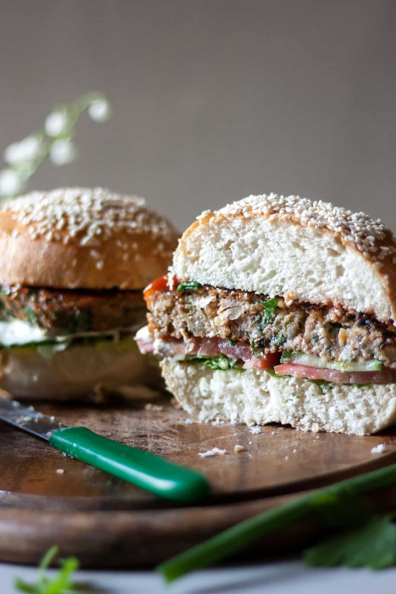 Veggie burger cut in half