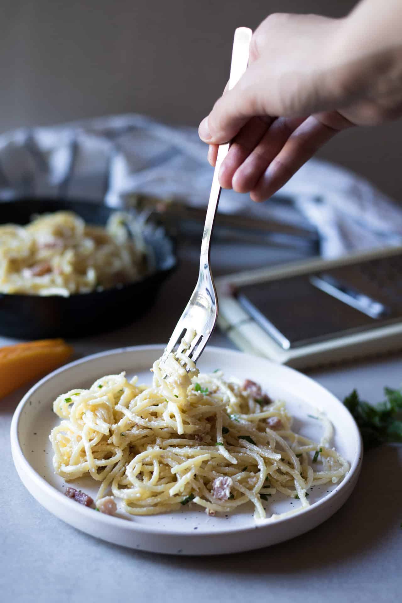 This Eggless Spaghetti Carbonara is Low FODMAP and lactose-free with a dairy-free option. It's a flavorful, comforting and super creamy eggless alternative to the traditional carbonara spaghetti recipe.