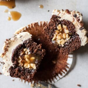 snickers cupcake cut in half