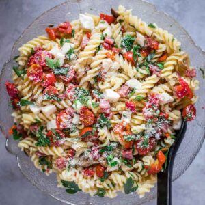 A bowl full of gluten-free pasta salad
