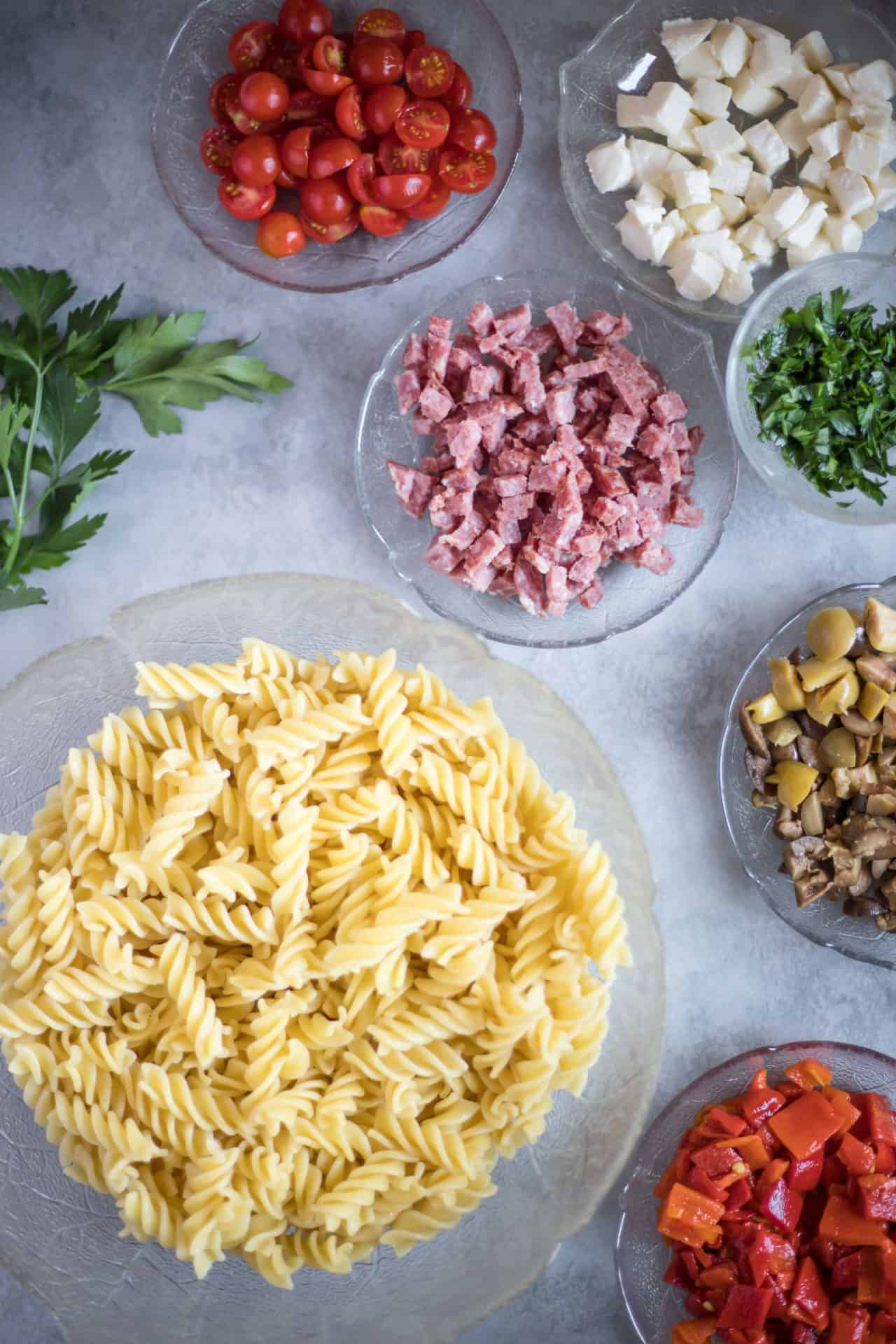 Simple and Refreshing Low FODMAP Italian Pasta Salad, with an option to make it vegan. It's super easy to make, healthy and IBS Friendly.
