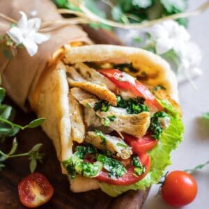 gluten-free gyro with chicken, tomatoes and salad