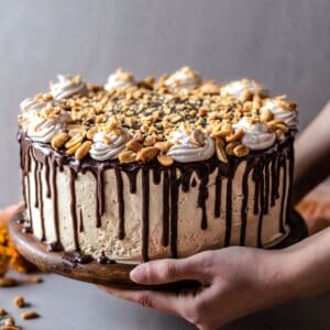 Holding chocolate peanut butter cake drizzled with chocolate sauce