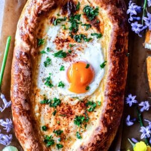 Gluten Free Khachapuri with a runny egg yolk