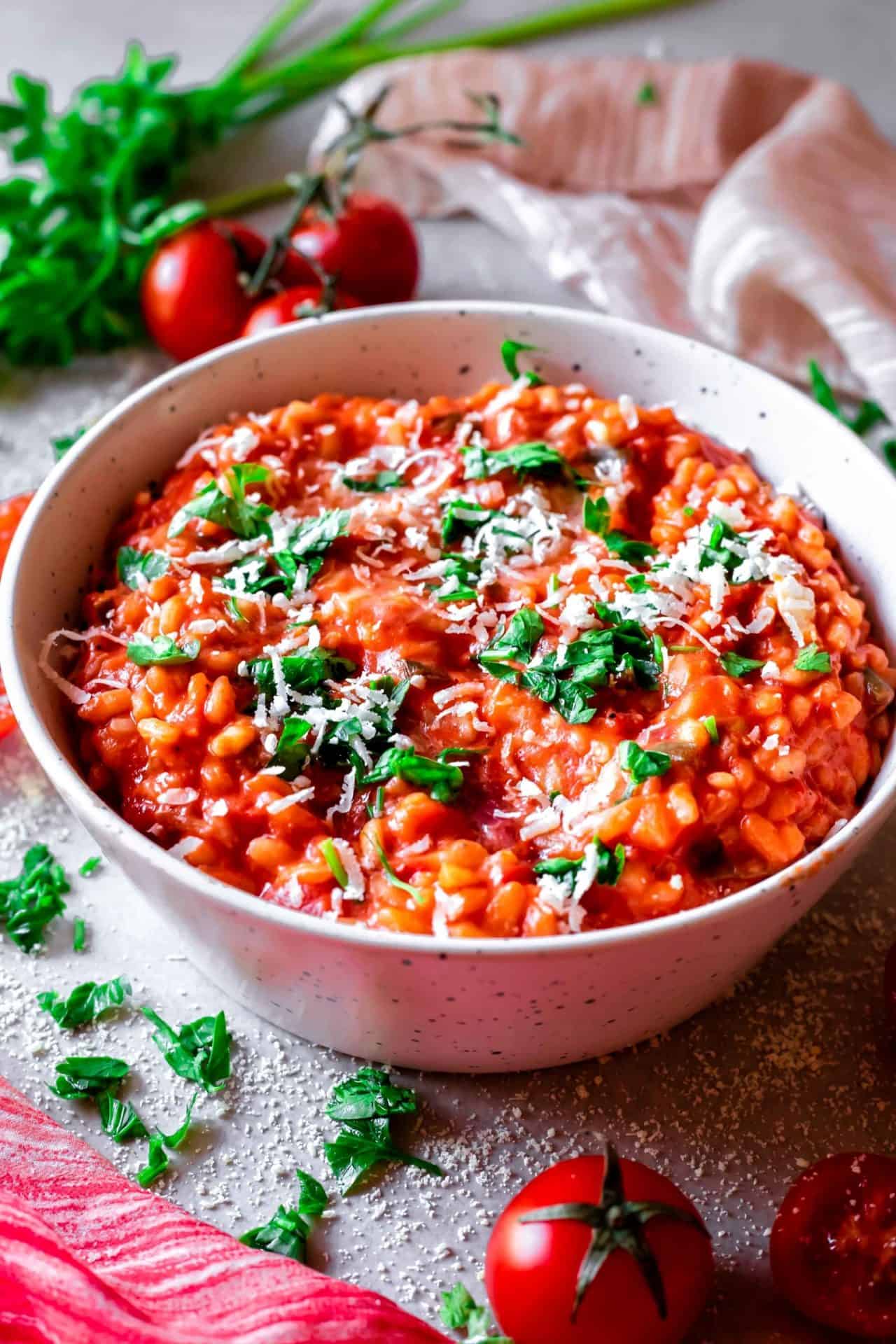 This Low FODMAP Creamy Tomato Risotto is super flavorful, savory, so creamy, simple to make, satisfying and so comforting and delicious! 