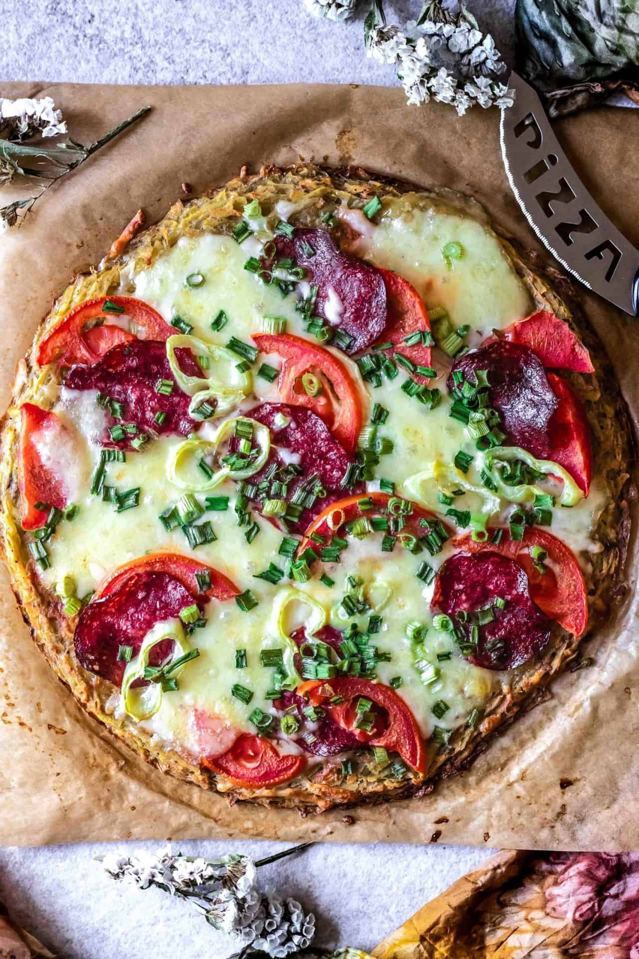 This potato crust pizza is crispy on the edges and tender in the middle, savory, healthy and so delicious! Plus it is low FODMAP, gluten, grain, and dairy-free!