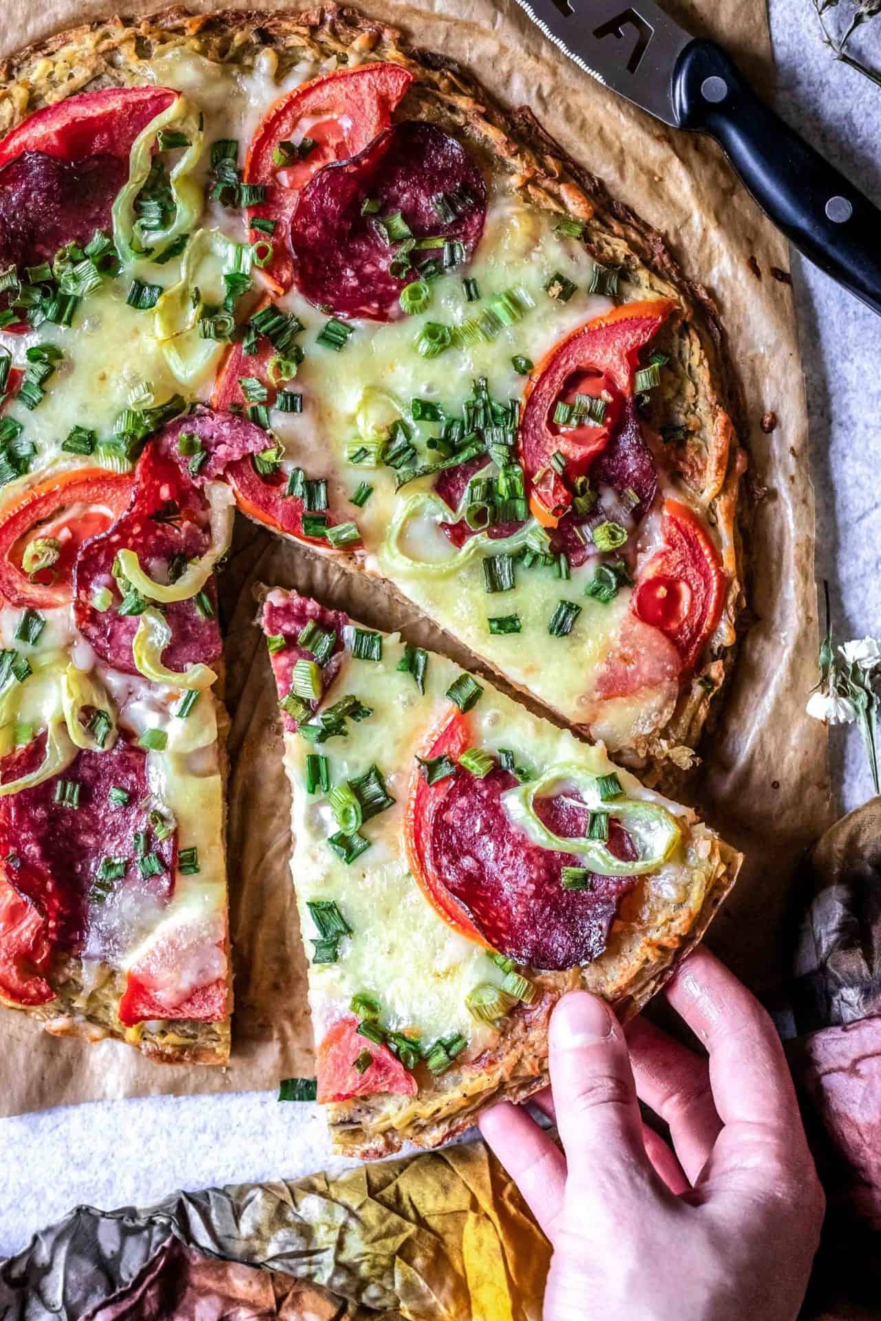 This potato crust pizza is crispy on the edges and tender in the middle, savory, healthy and so delicious! Plus it is low FODMAP, gluten, grain, and dairy-free!