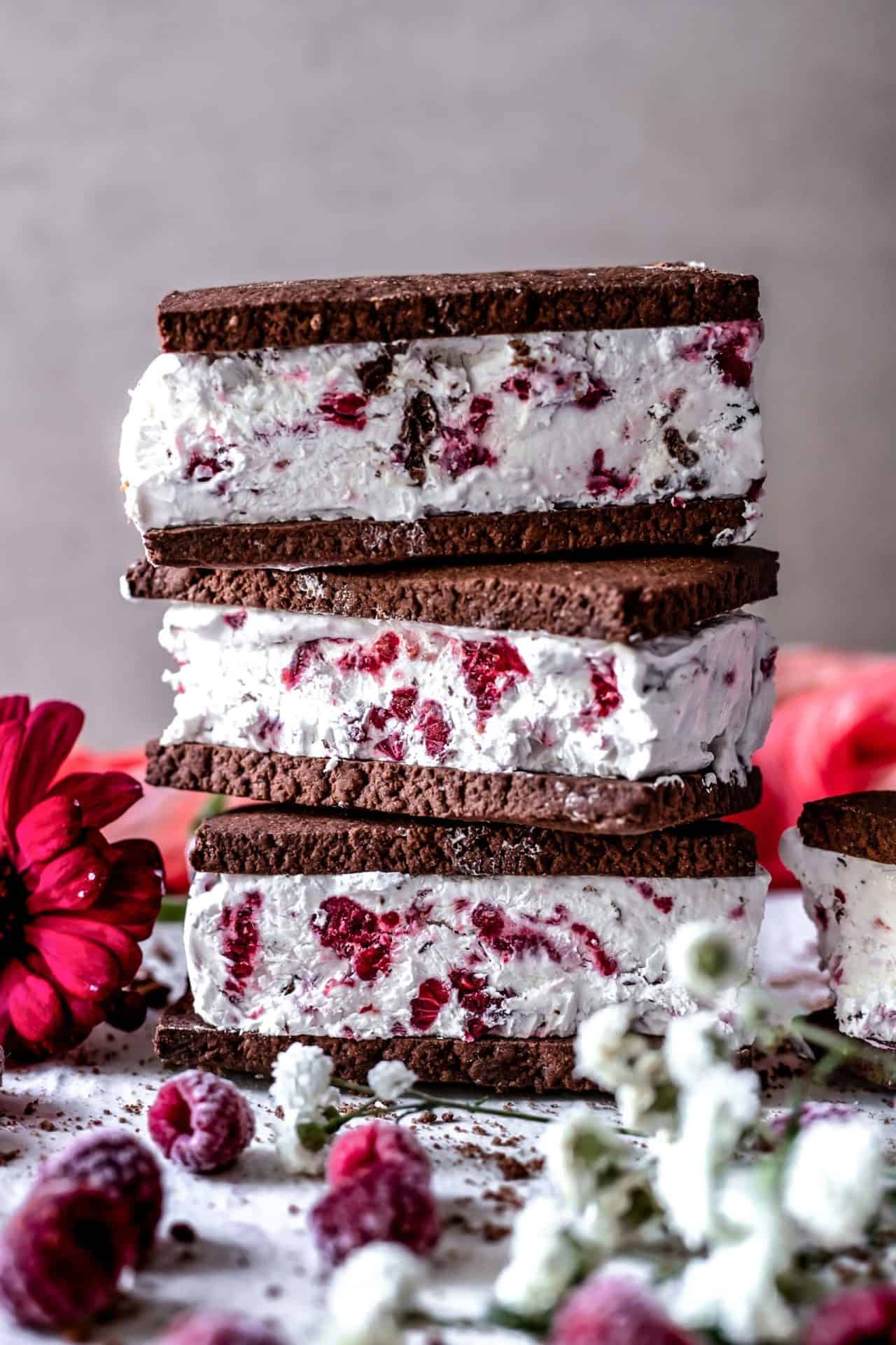 These Gluten-Free Ice Cream Sandwiches are low FODMAP, chocolaty, creamy, swirled with vanilla and raspberries, flavorful, and so delicious!