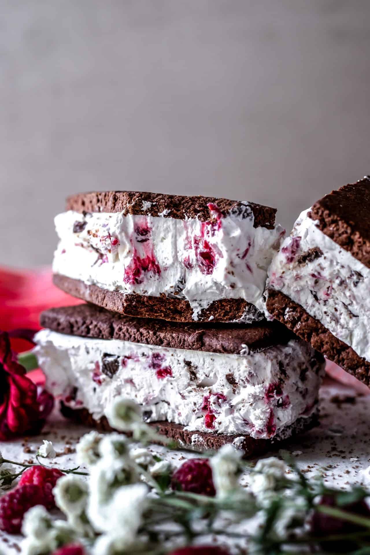 These Gluten-Free Ice Cream Sandwiches are low FODMAP, chocolaty, creamy, swirled with vanilla and raspberries, flavorful, and so delicious!