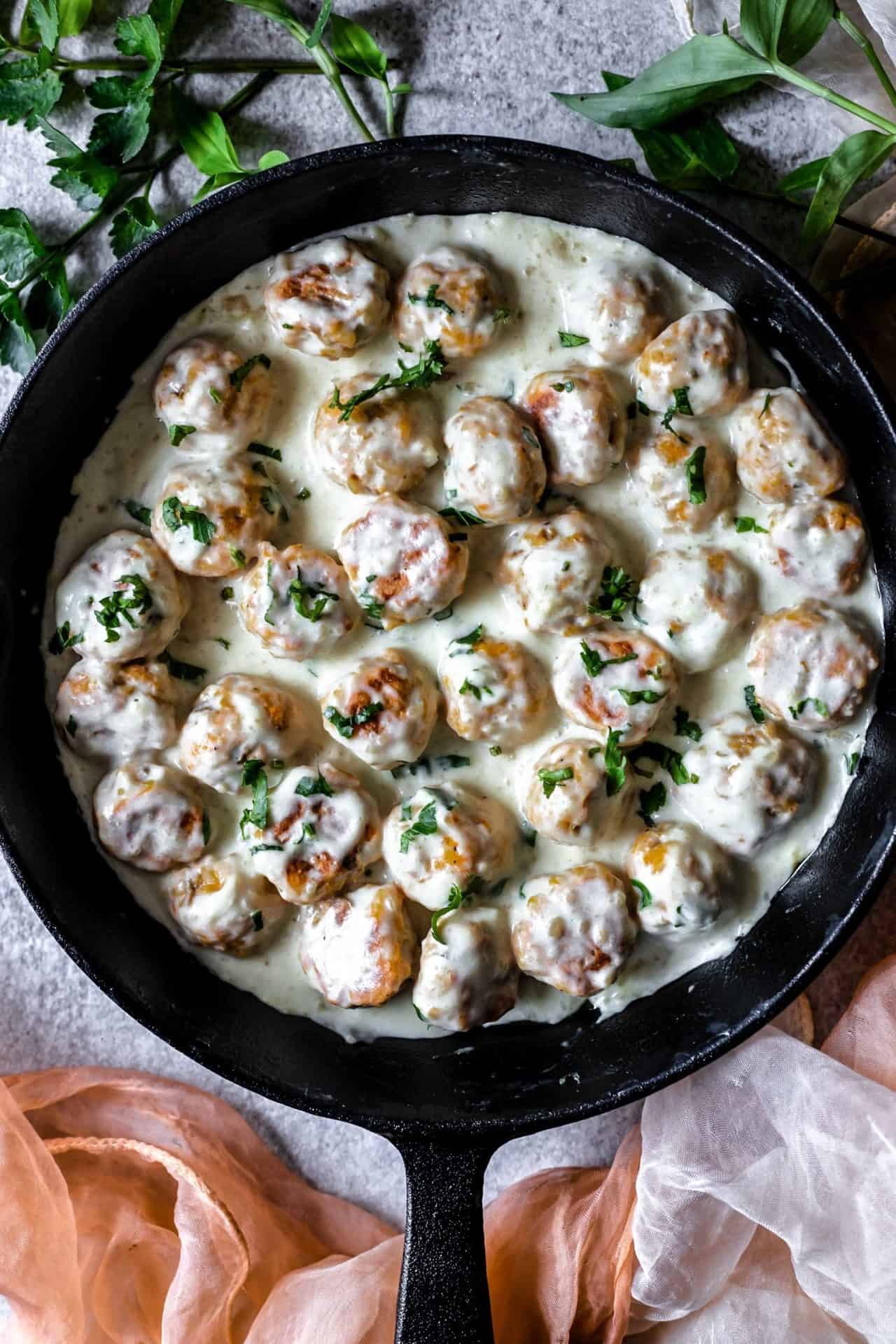 These Vegetarian Swedish Meatballs are low FODMAP, savory, flavorful, luscious, healthy, tossed in creamy gravy and so delicious.