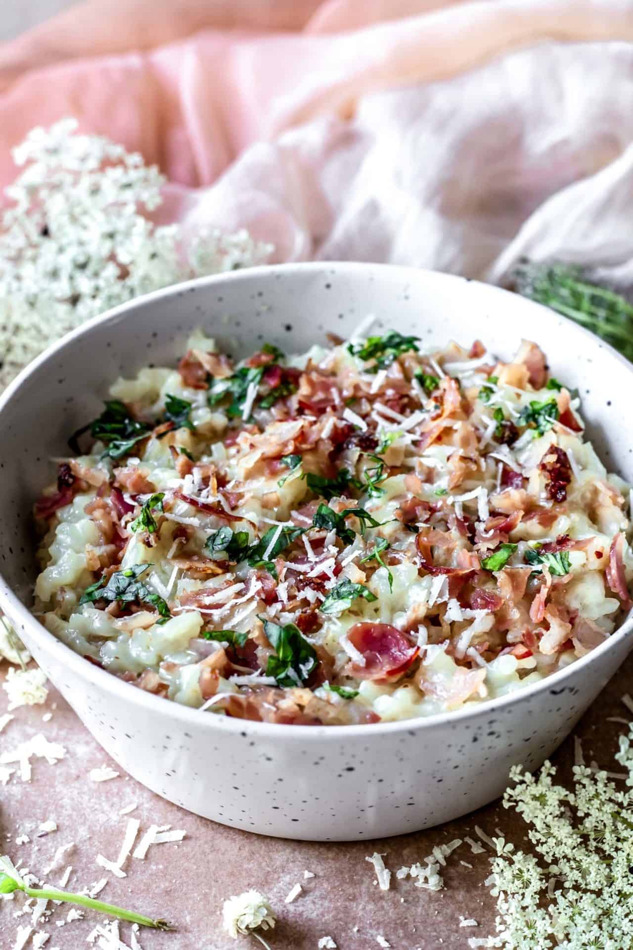 This Creamy Carbonara Risotto is super creamy, flavorful, comforting, satisfying and so delicious! Plus low FODMAP and egg-free!