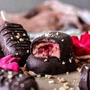 A bite of chocolate and strawberry vegan ice cream