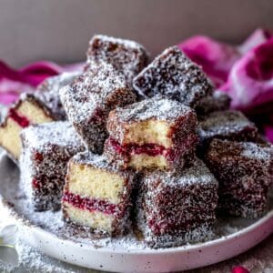 A stack of gluten-free Lamingtons