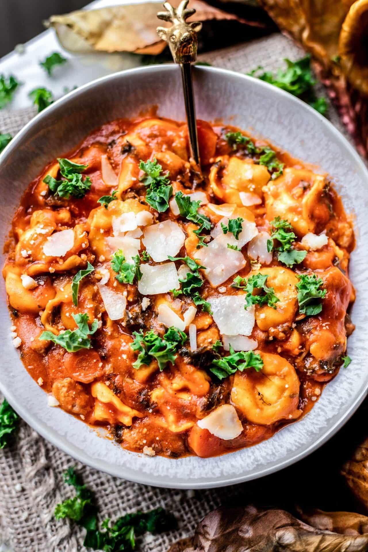 This Creamy Tortellini Soup is super flavourful, loaded with tortellini, sausage, and kale, and so delicious. 