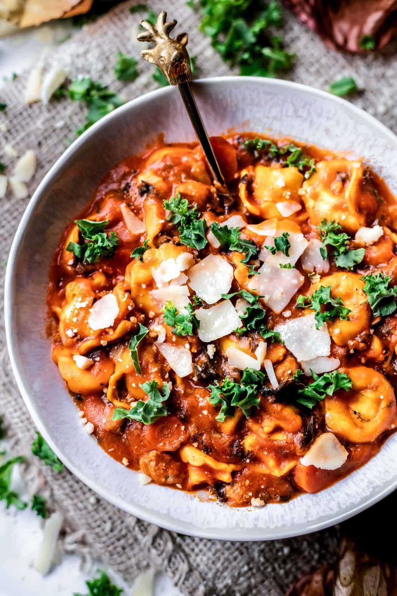 This Creamy Tortellini Soup is super flavourful, loaded with tortellini, sausage, and kale, and so delicious. 