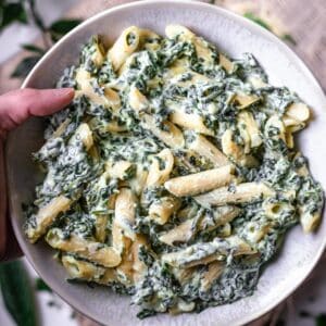 A bowl of creamy spinach pasta