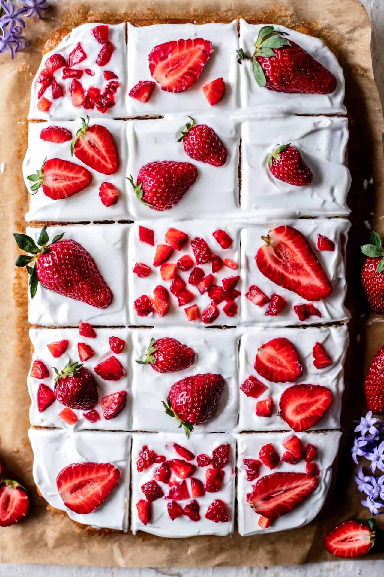 This Gluten-Free Strawberry & Yogurt Sheet Cake is tender, fruity, light, healthy, and incredibly easy to make! Plus it is gluten, dairy and refined sugar free!