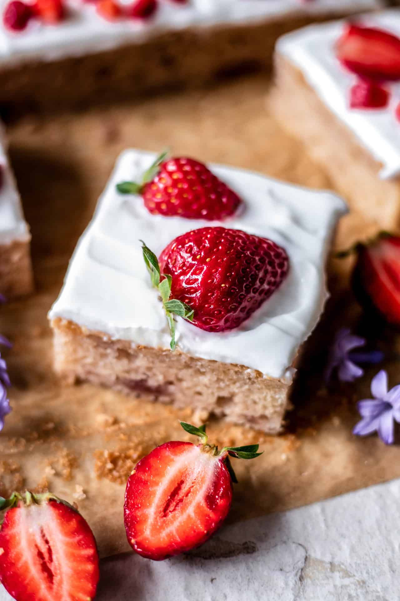 This Gluten-Free Strawberry & Yogurt Sheet Cake is tender, fruity, light, healthy, and incredibly easy to make! Plus it is gluten, dairy and refined sugar free!