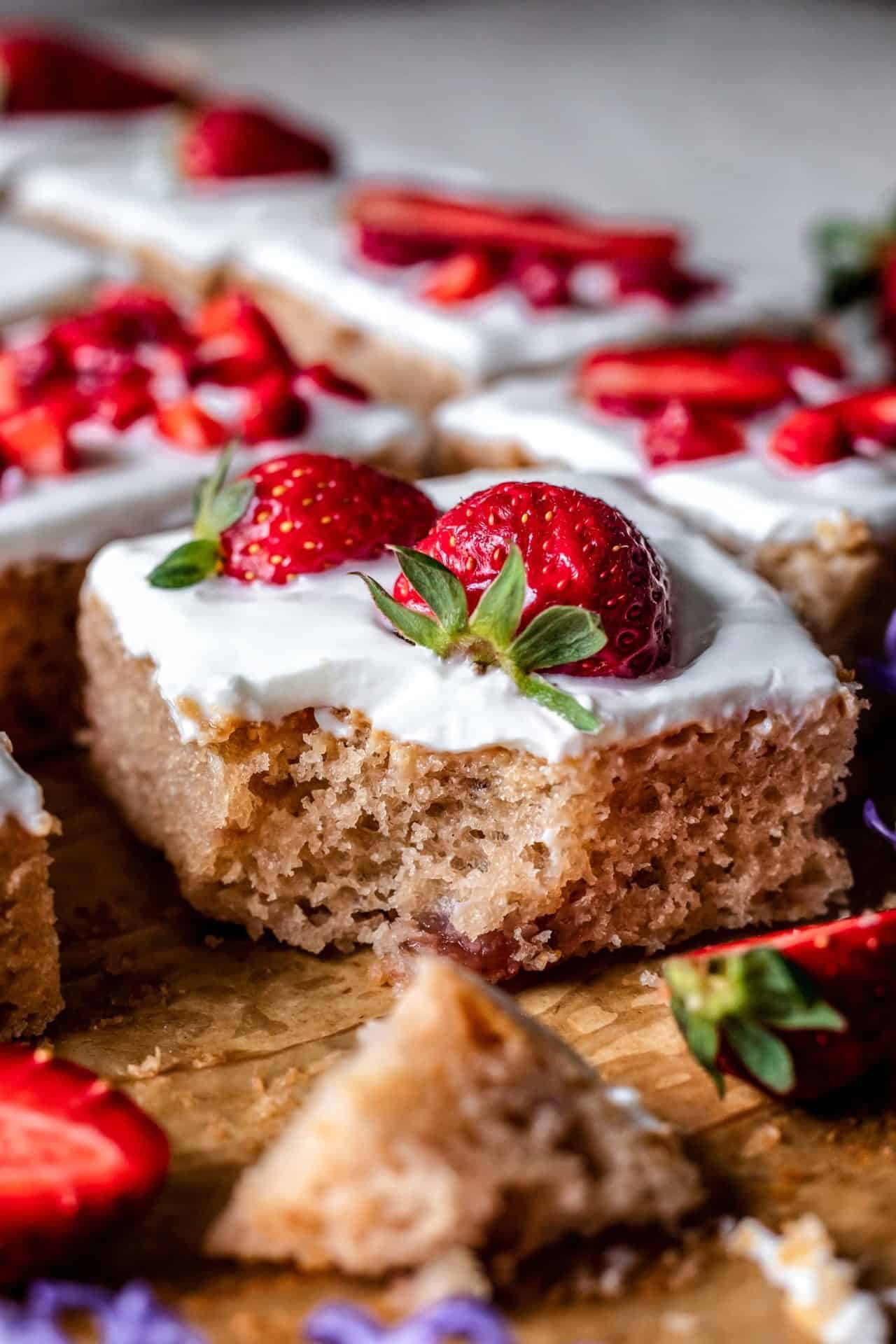 This Gluten-Free Strawberry & Yogurt Sheet Cake is tender, fruity, light, healthy, and incredibly easy to make! Plus it is gluten, dairy and refined sugar free!