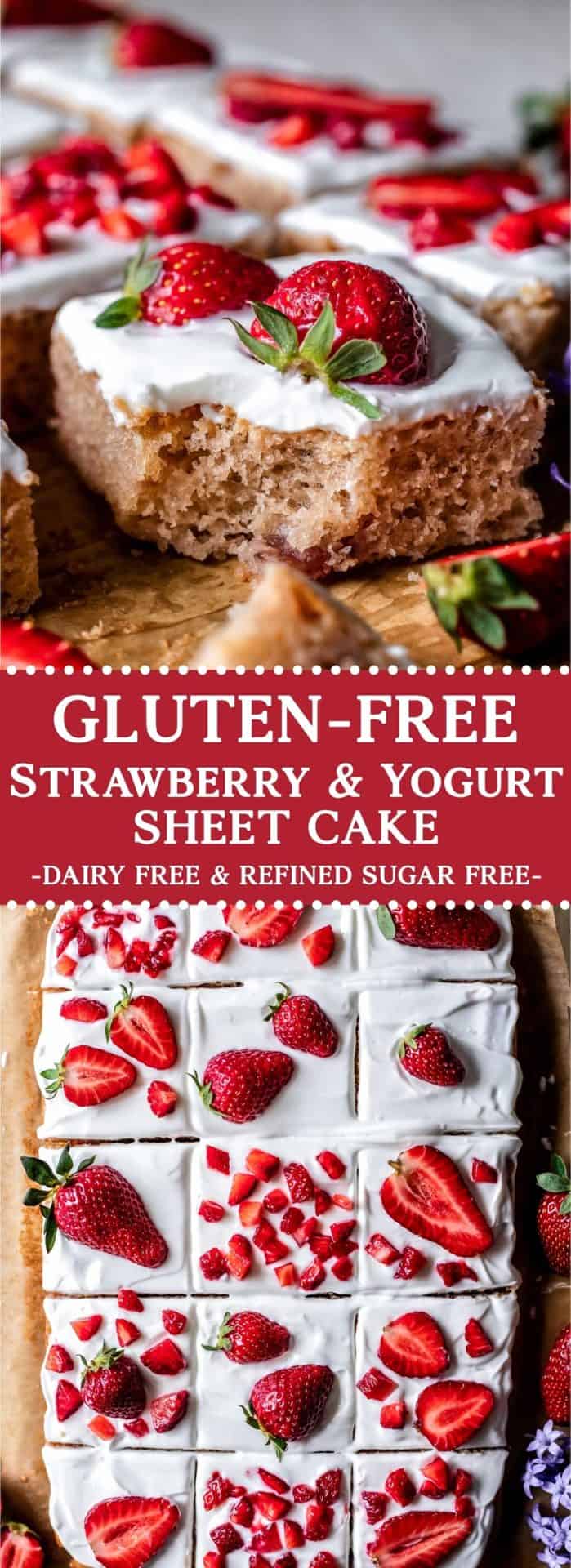 This Gluten-Free Strawberry & Yogurt Sheet Cake is tender, fruity, light, healthy, and incredibly easy to make! Plus it is gluten, dairy and refined sugar free!