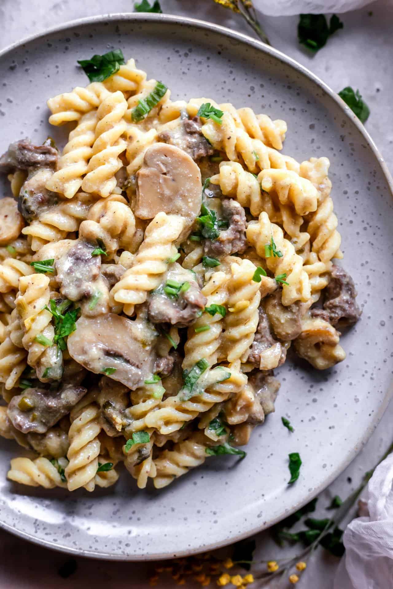 This Low FODMAP Beef Stroganoff is super rich and creamy, comforting, hearty, flavourful, simple to make and so delicious!
