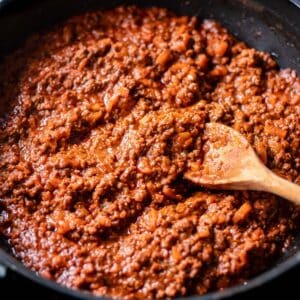Low FODMAP Spaghetti Bolognese Sauce in a pan