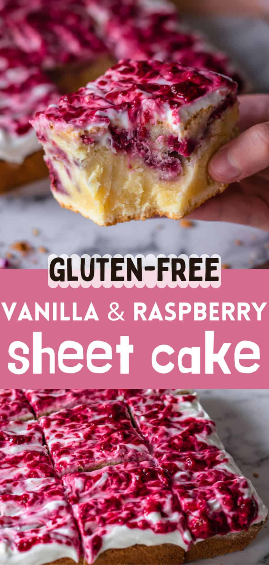 This Gluten-Free Vanilla & Raspberry Sheet Cake is easy to make, indulging, fruity, tender, and so delicious