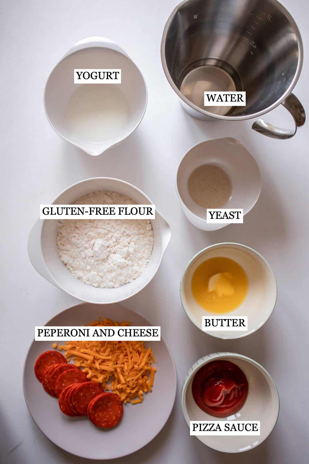 Ingredients required for gluten-free pizza rolls.