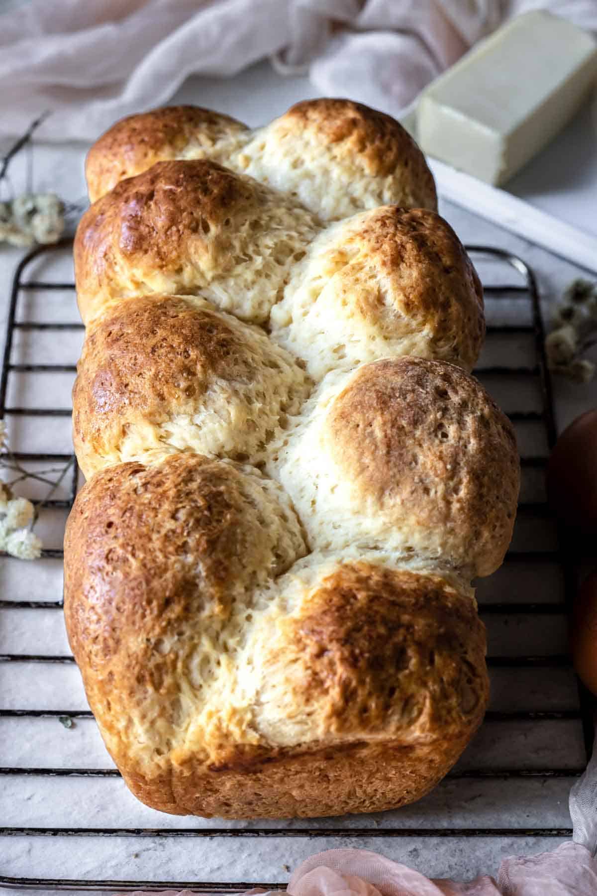 Freshly baked gluten free brioche loaf.