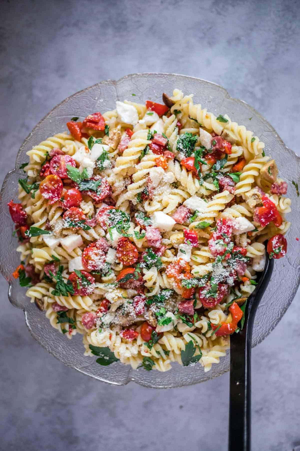 A bowl of gluten-free pasta salad