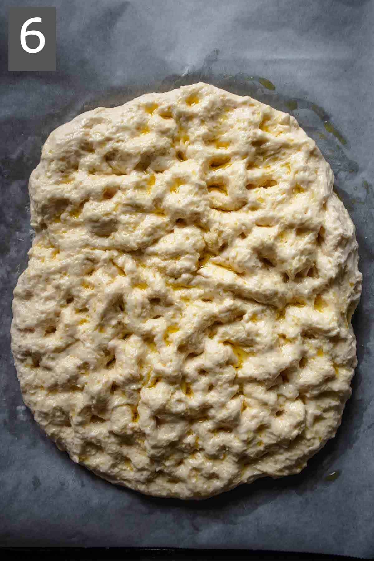 Dimpled focaccia dough