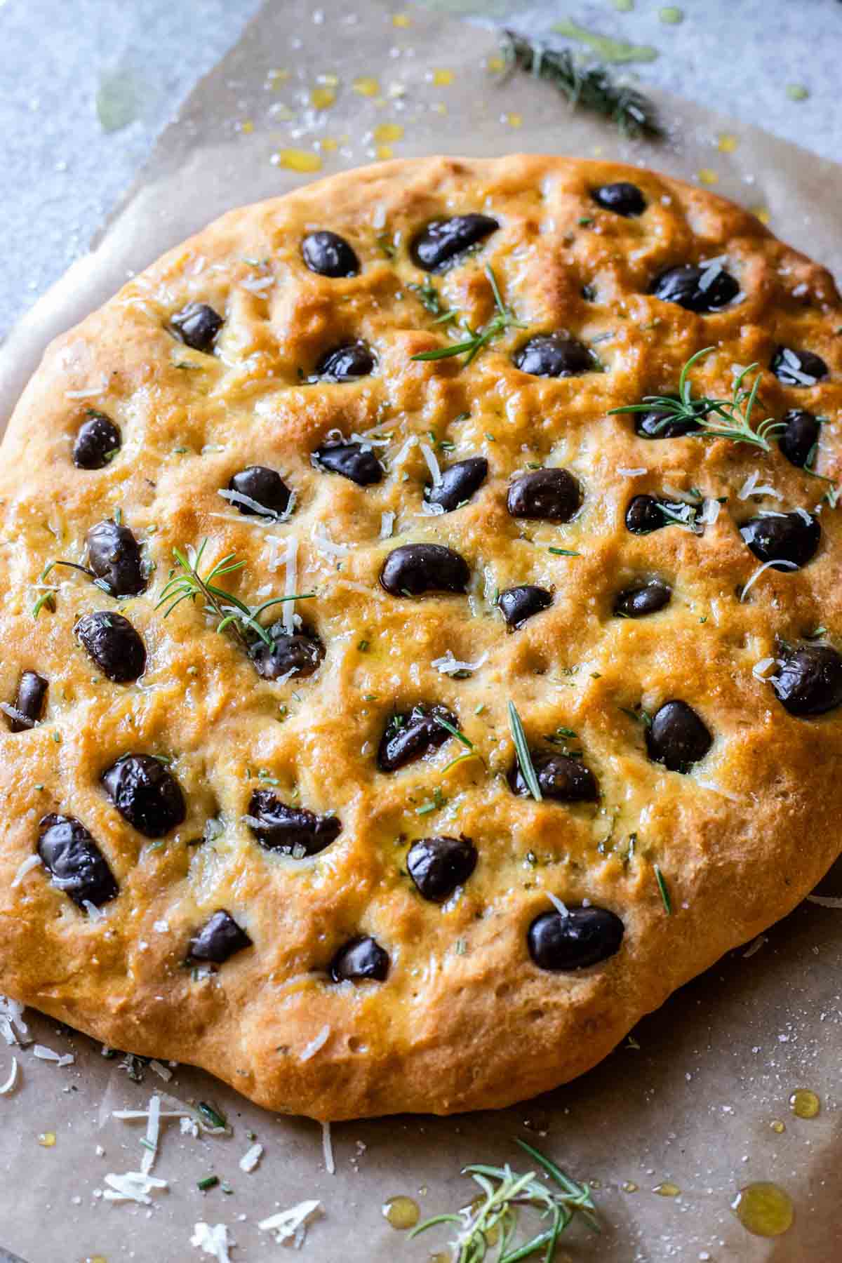 Golden crust on focaccia bread