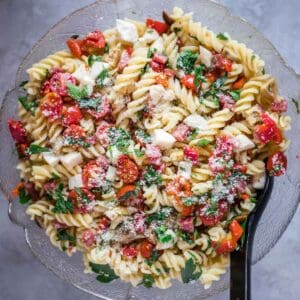 a bowl of gluten free pasta salad