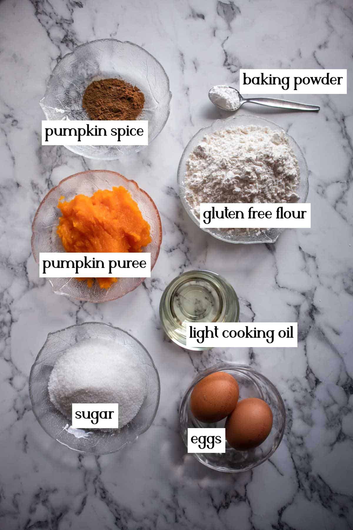 Pumpkin spice, baking powder, pumpkin puree ,gluten-free flour, light cooking oil, sugar, eggs.