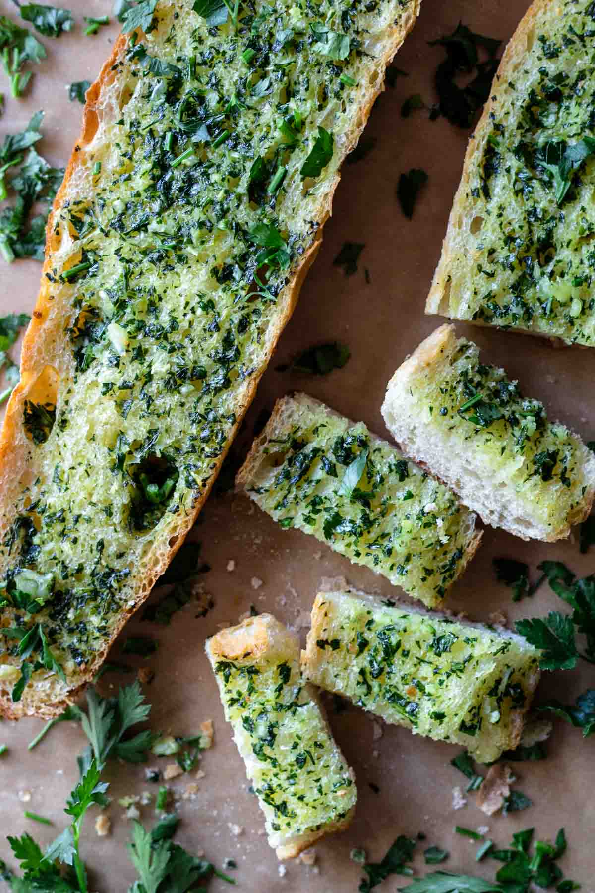 Sliced gluten-free garlic bread.