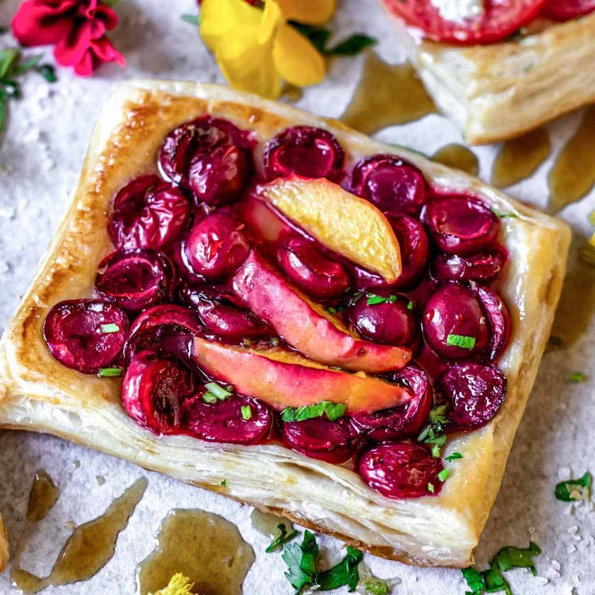Baked gluten free puff pastry with peach.
