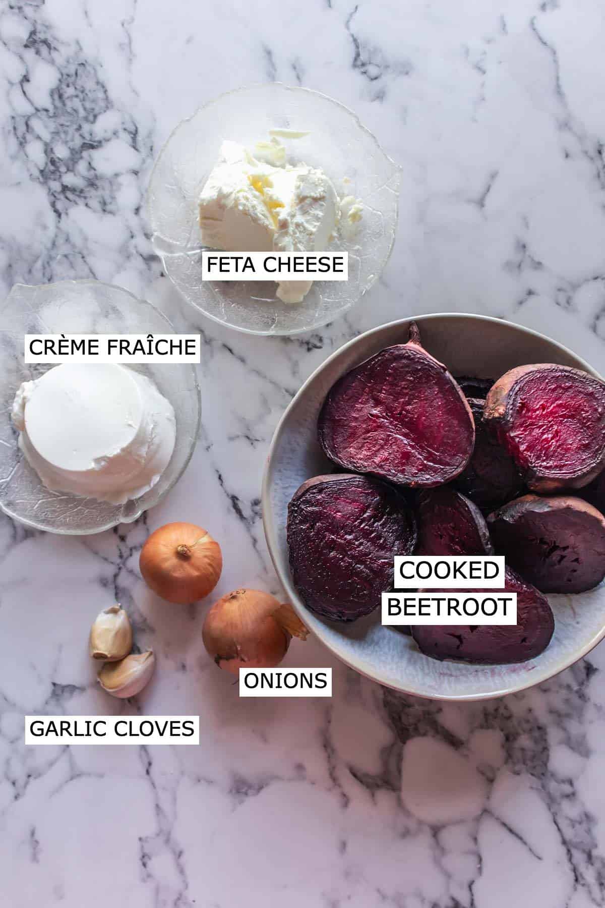Feta Cheese, creme fraiche,cooked beetroot, onions and garlic.
