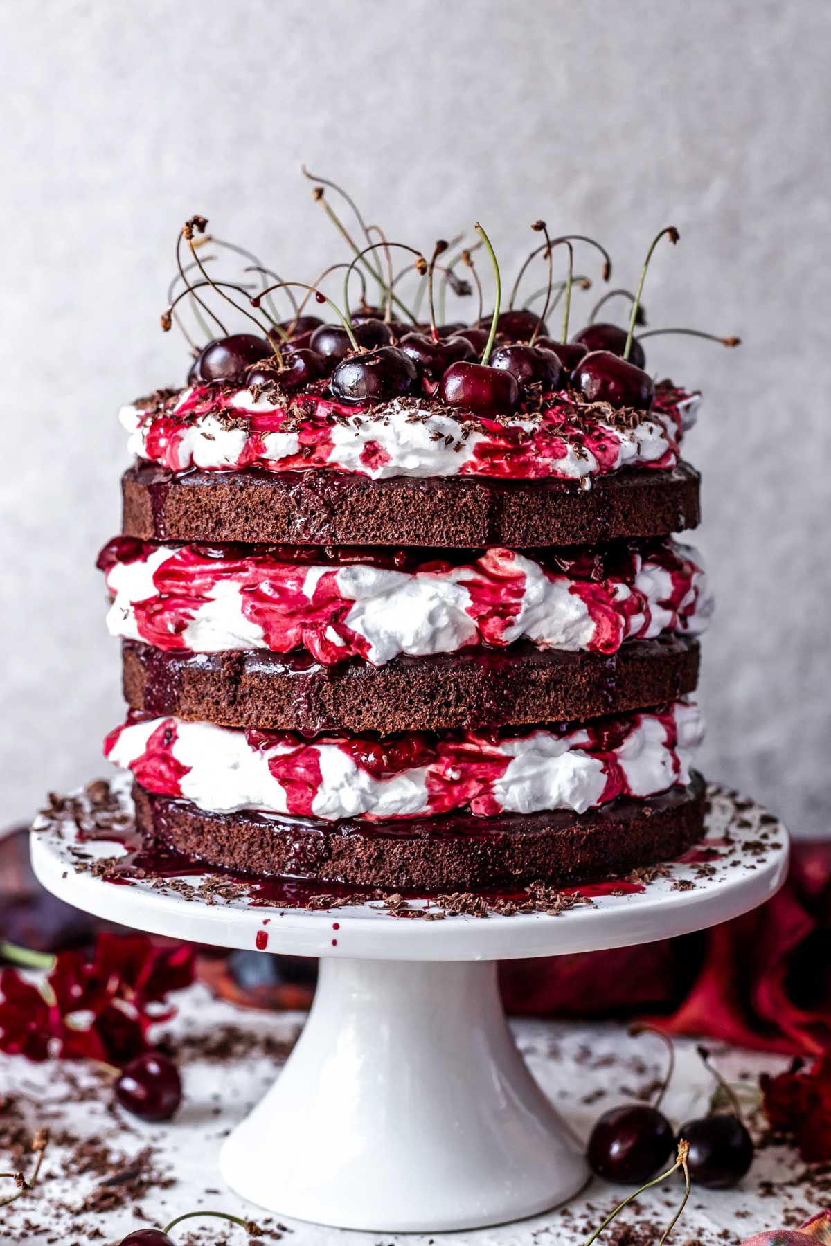 Gluten-Free Black Forest Cake on a cake stand