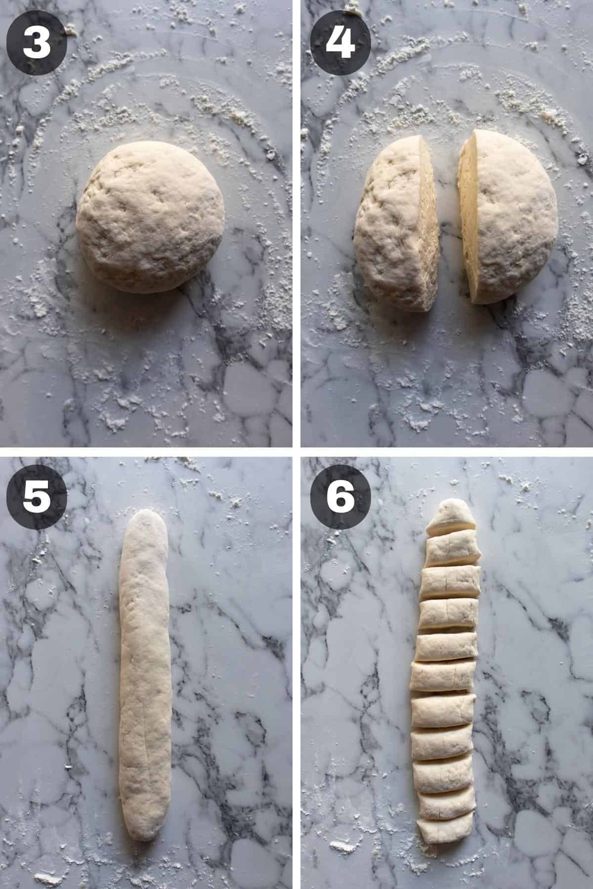 Collage with four photos showing how to shape garlic knot dough