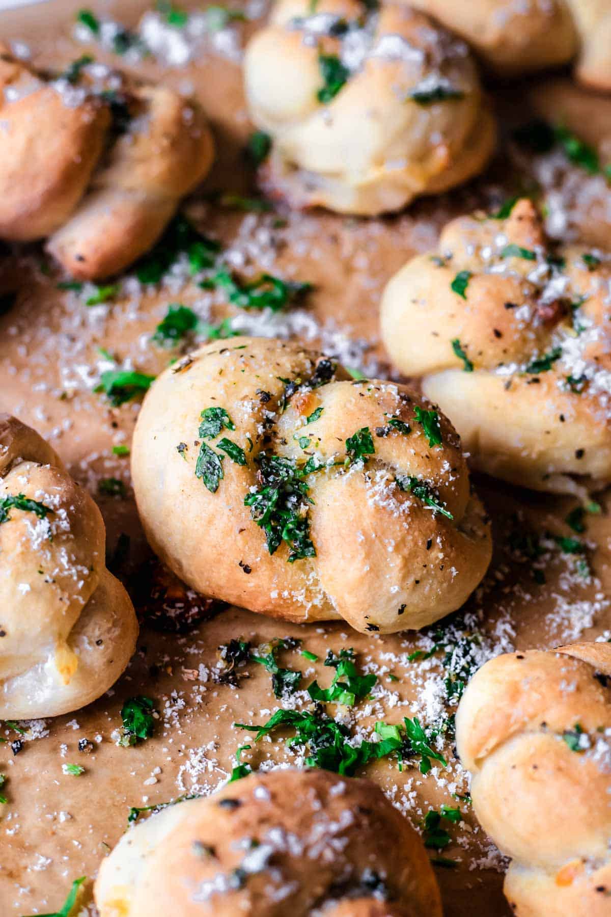 Garlic knots photographed from the side