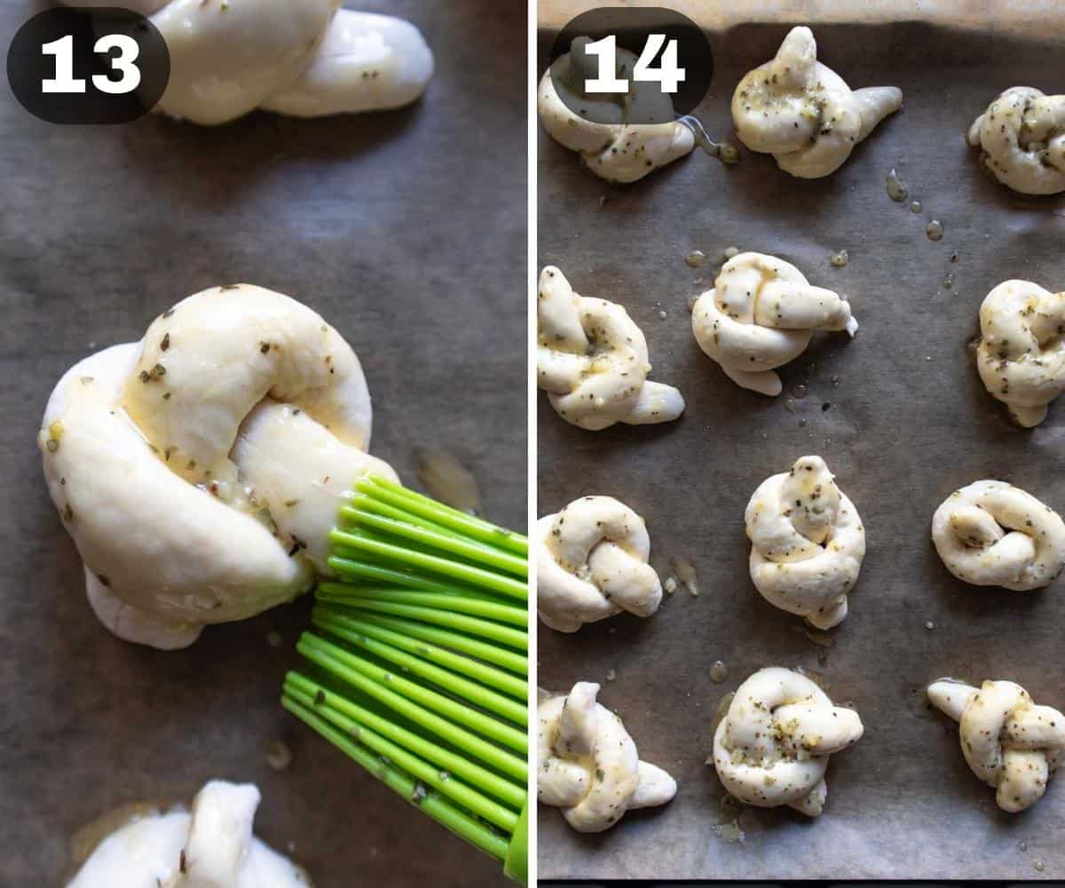 Collage: Brushing garlic knot with garlic butter, garlic knots ready to be baked