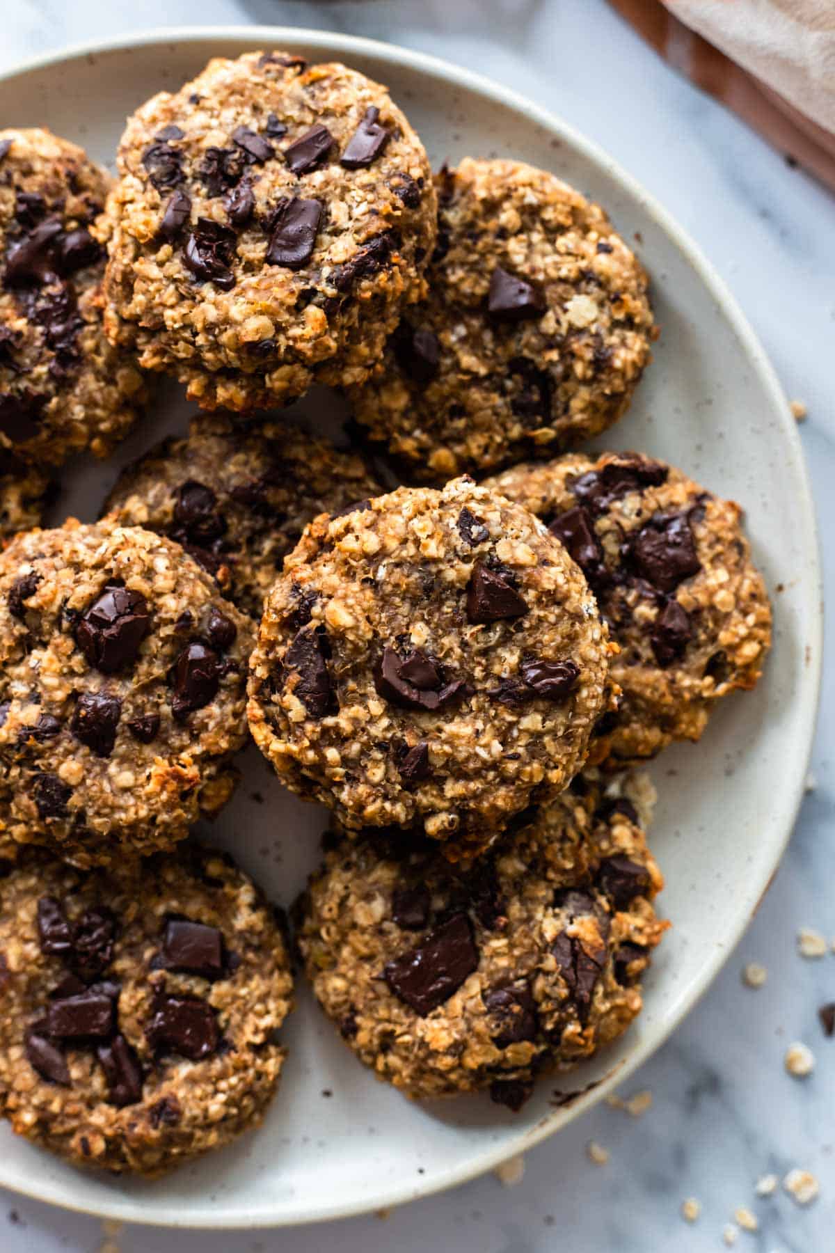 A plate with oatmeal cookies from up close