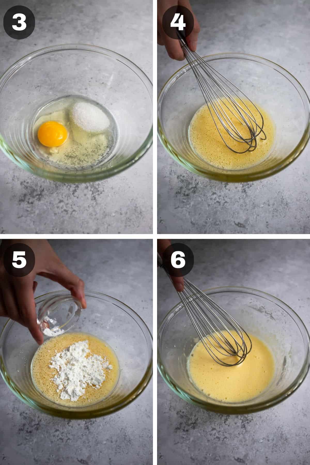 Collage with four photos showing how to make the egg mixture.