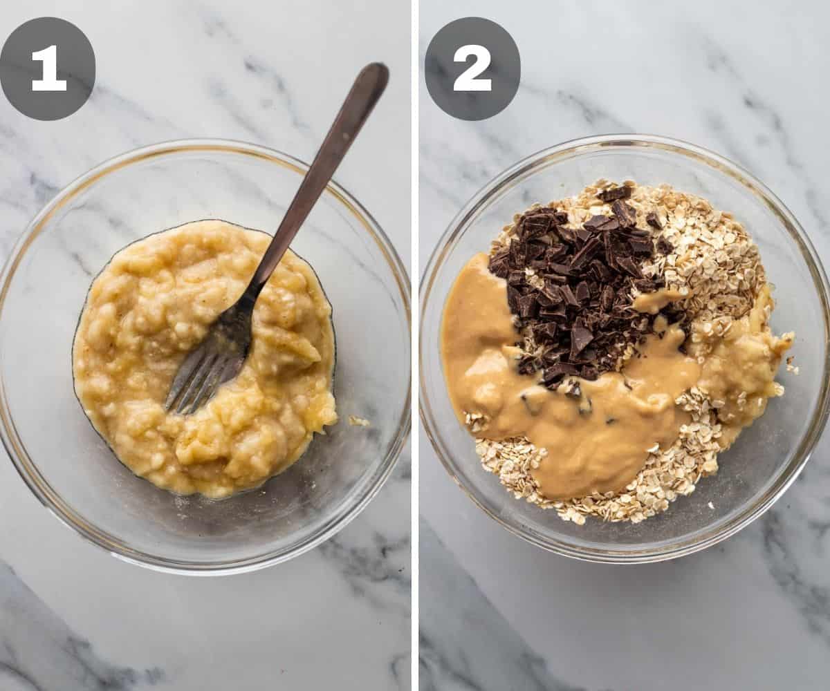 Collage with two photos showing how to make banana oatmeal cookie dough