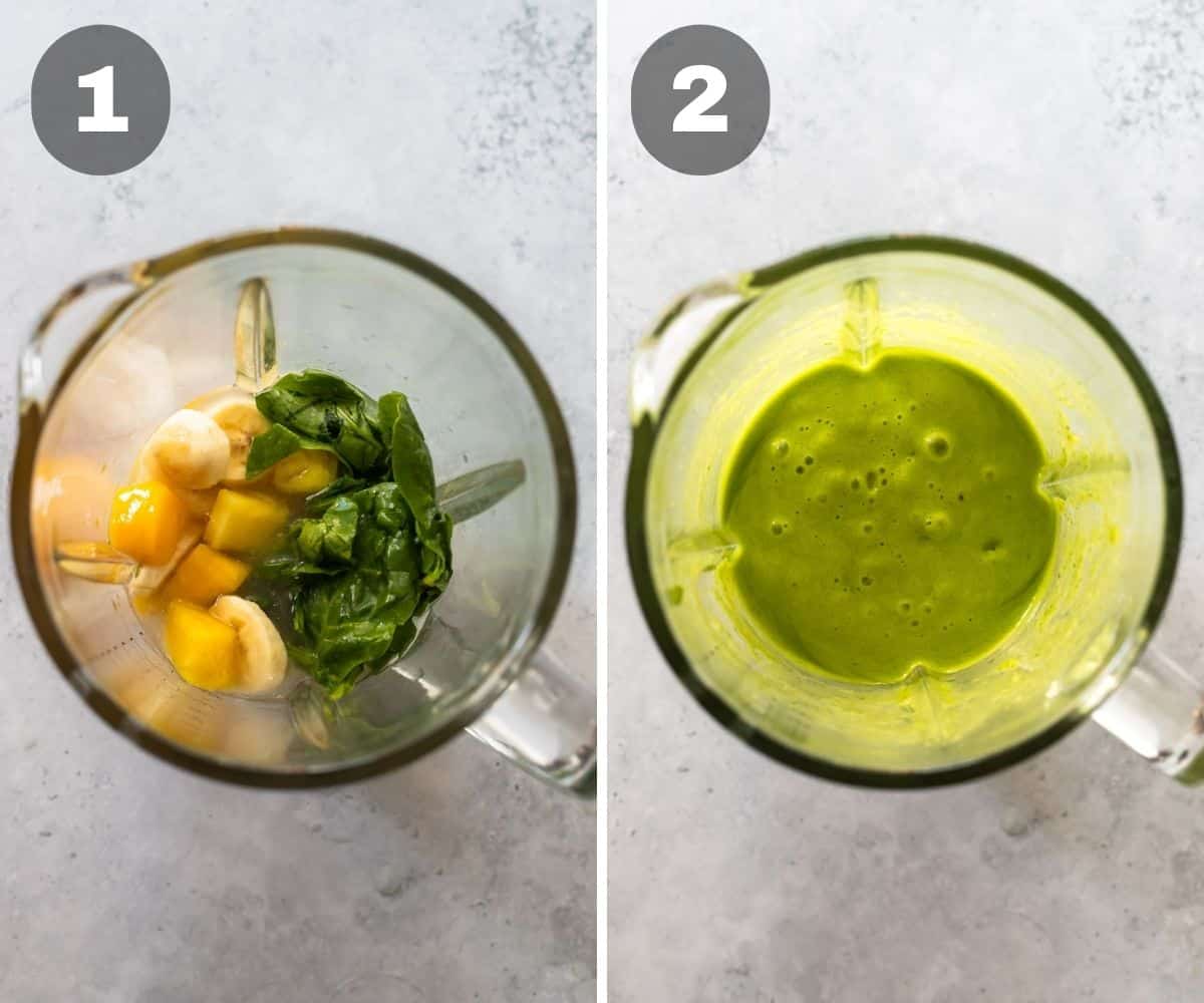 Collage with two photos showing how to make for Detox Island Green Smoothie.