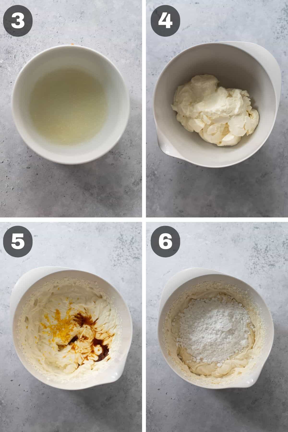 Collage with four photos showing how to make cheesecake filling