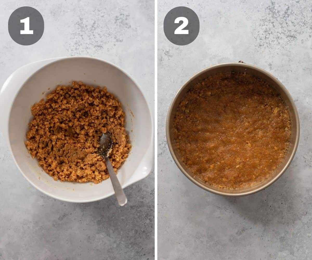 Collage with two photos showing how to make gluten-free cheesecake crust