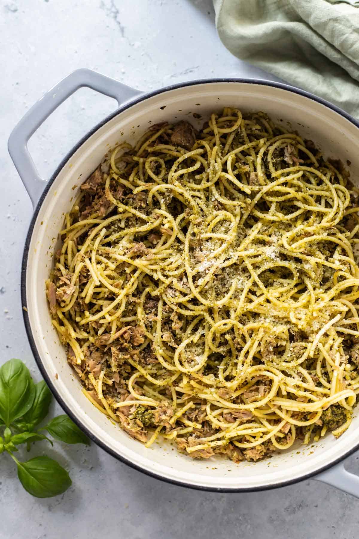 Tuna pesto pasta in a skillet.