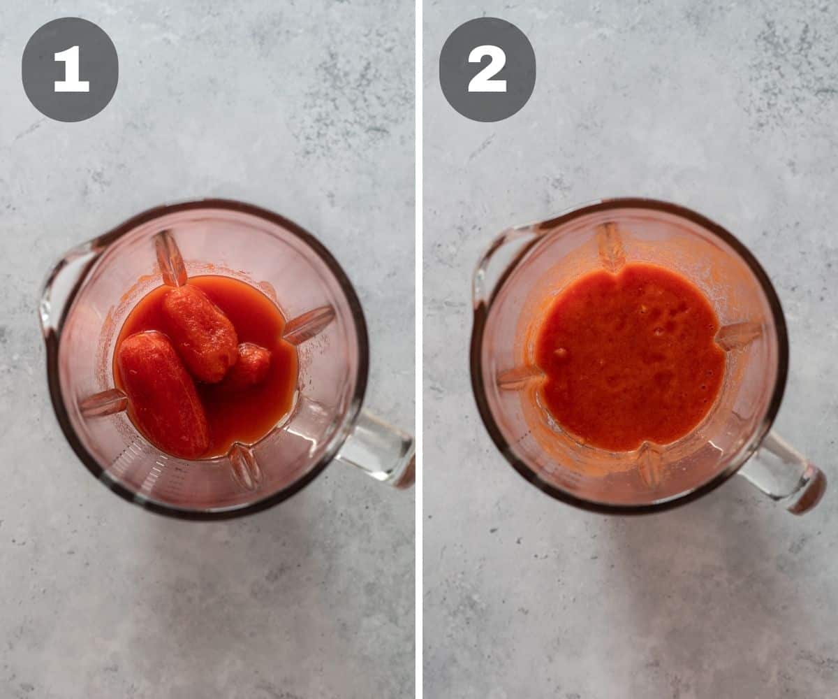 Collage with two process photos showing canned tomatoes in a blender and how they look when they are blended.