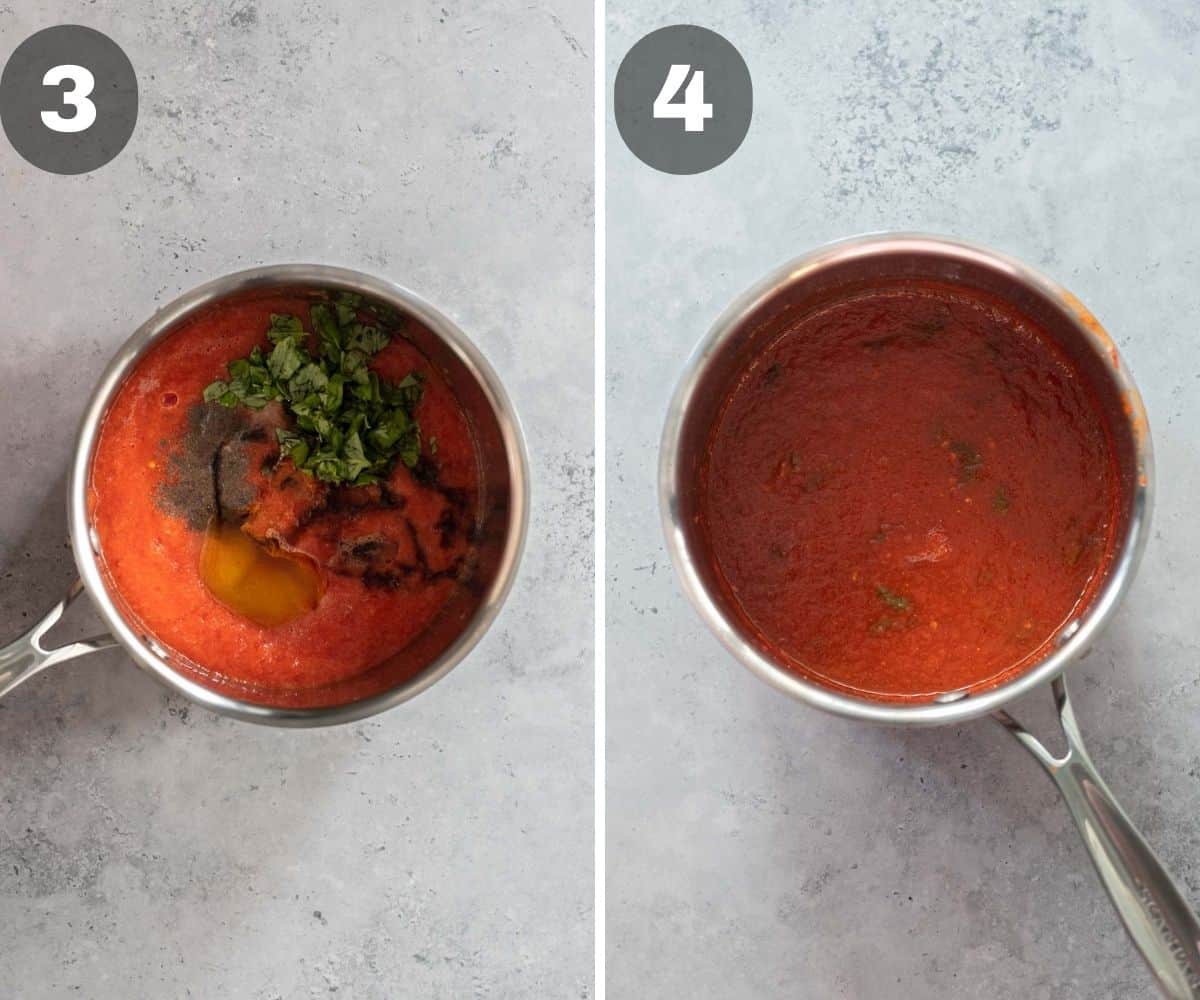 Collage with two photos showing how to cook pasta sauce in a pot.